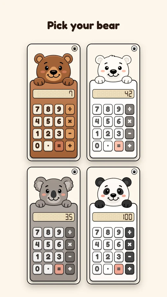 Four bears: honey, polar, koala and panda, each on its own calculator