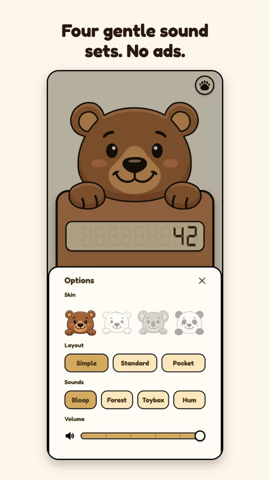 The options panel with bears, layouts, sound sets and volume
