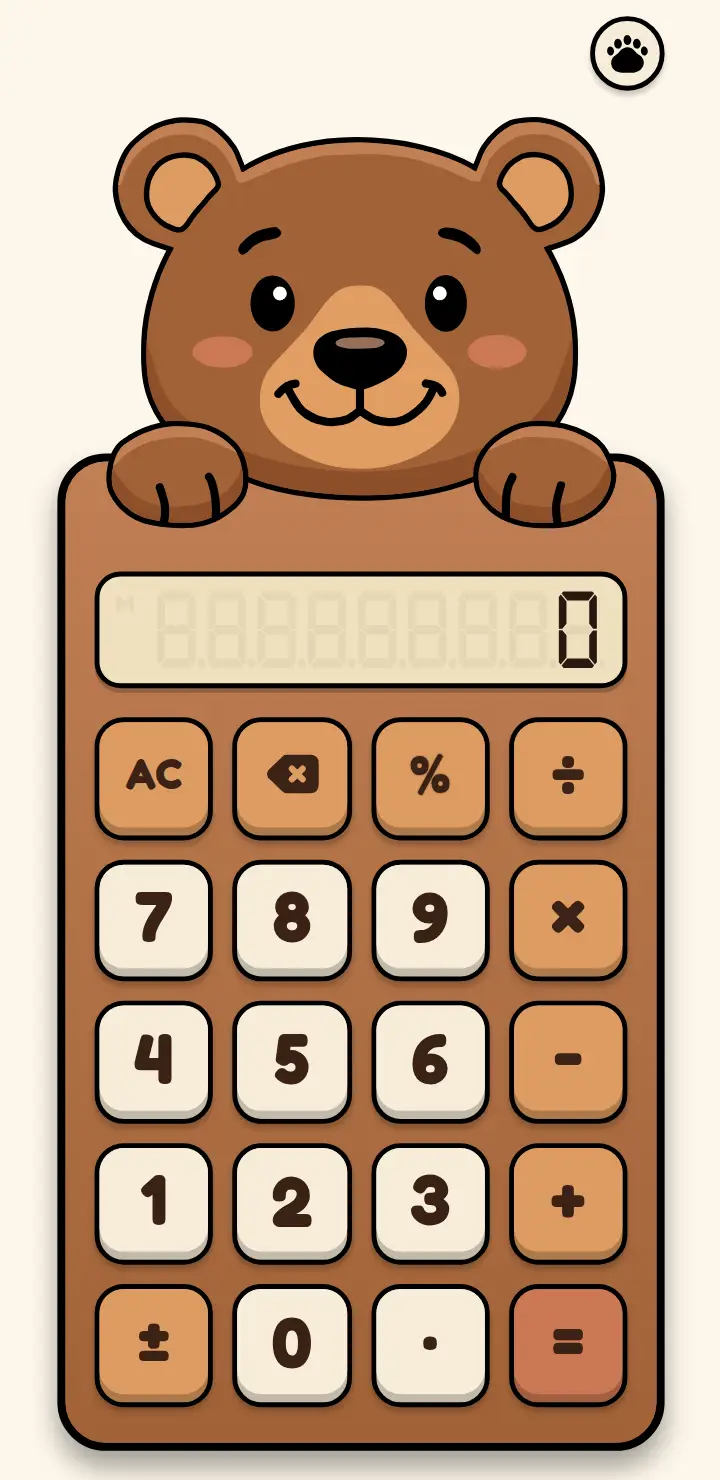 The Bears & Co calculator: a smiling honey bear peeking over a calculator that shows 0